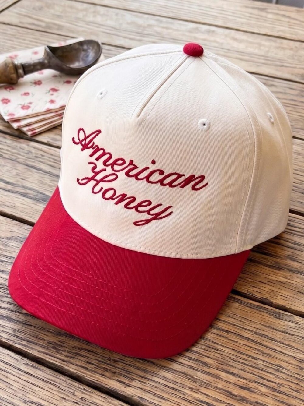 American Honey Embroidered Two-Tone Baseball Cap, Retro Script Trucker Hat